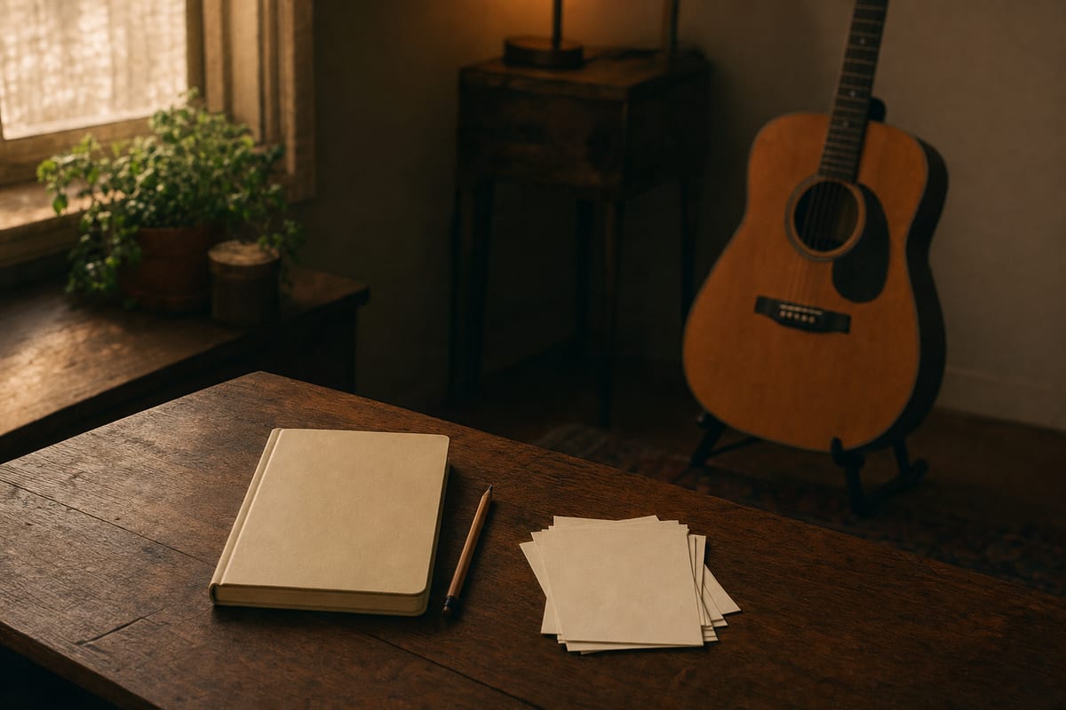 Warm songwriting room with a closed cream notebook, blank lyric cards, pencil, and a guitar resting on a stand.