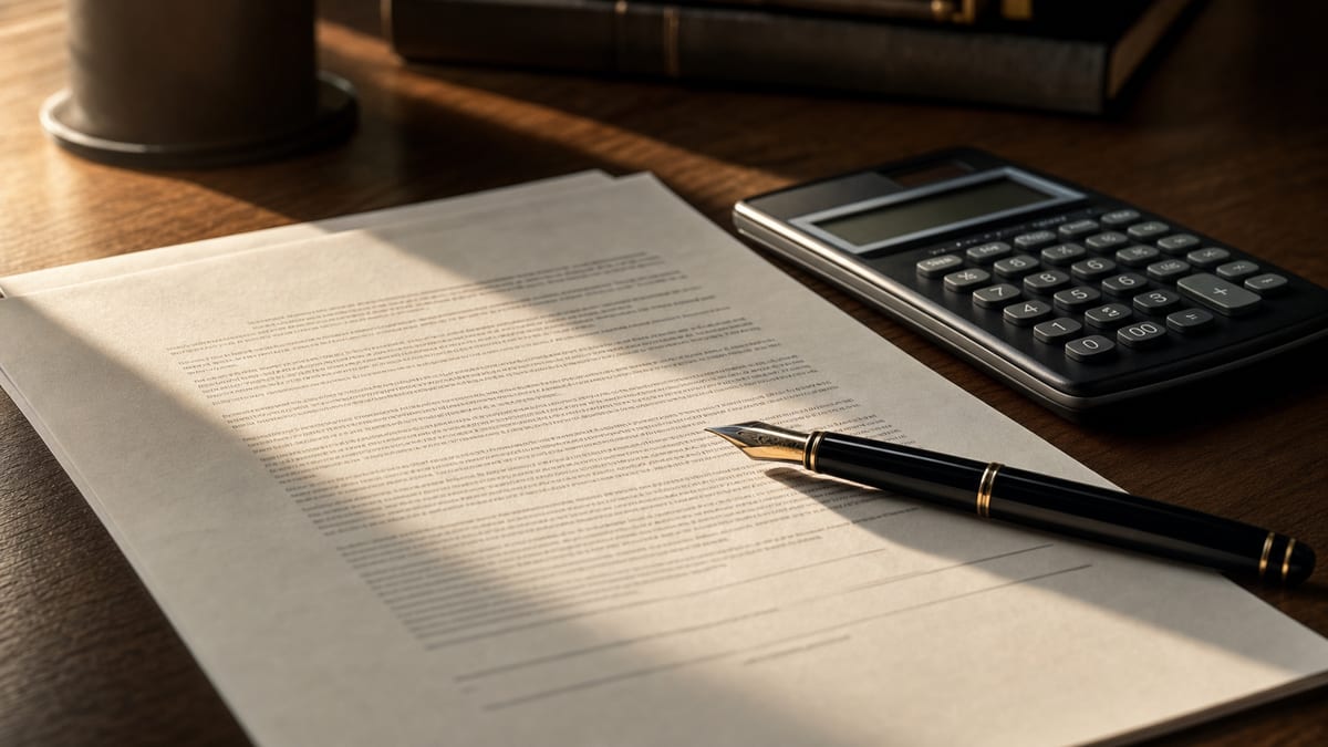 A contract document, a calculator, and a fountain pen arranged on a dark wooden desk in warm directional light, suggesting careful review of a record deal