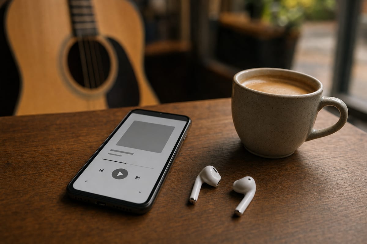A smartphone resting on a wooden table showing a generic music app layout, with a coffee cup and a resting guitar nearby.