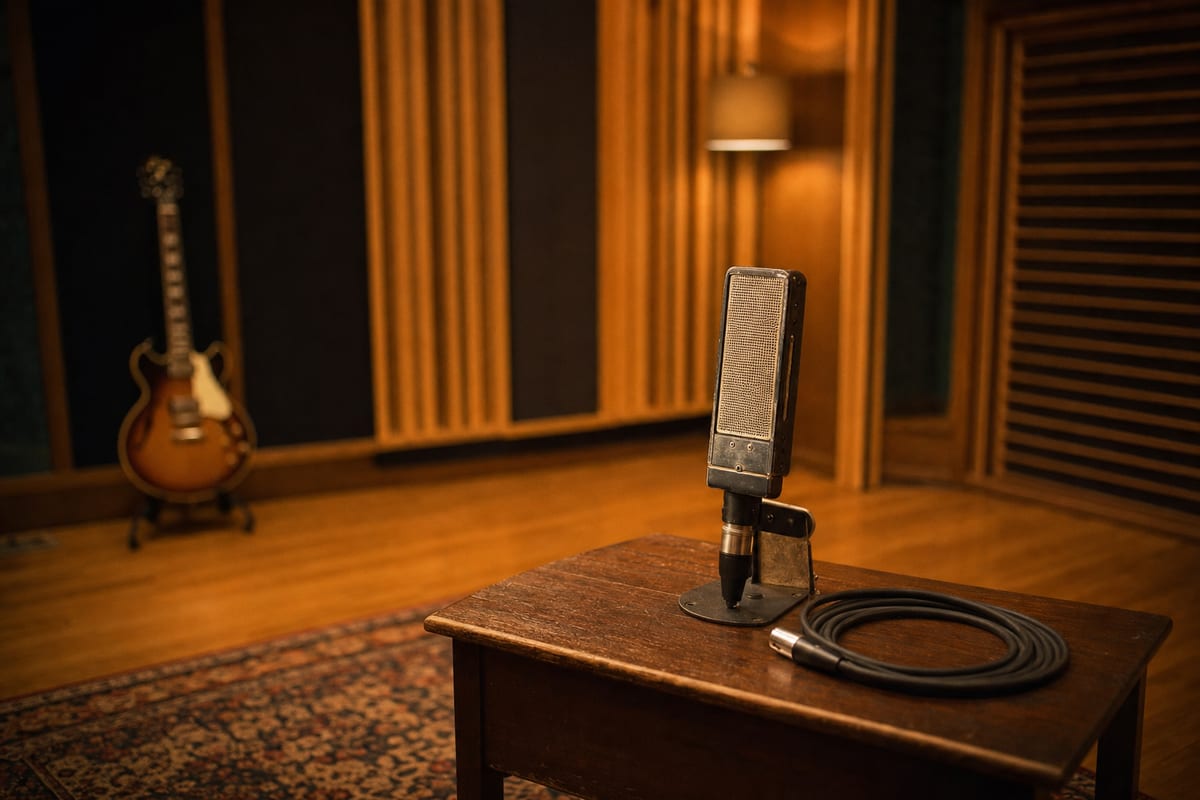 A warm recording room with a ribbon microphone and coiled cable on a wooden table, acoustic panels, and a guitar resting on a stand in the background, with no readable text or logos.