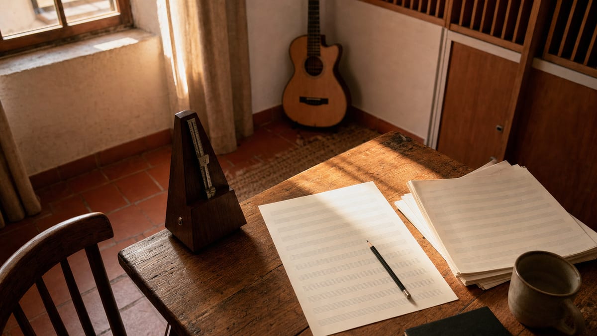 Warm writing studio with blank staff paper, metronome, pencil, and a small guitar resting against the back wall.