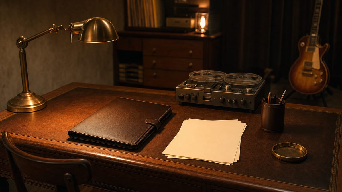 Dark amber studio desk with a closed leather portfolio, blank pages, reel-to-reel machine, and guitar resting on a stand, no readable text.