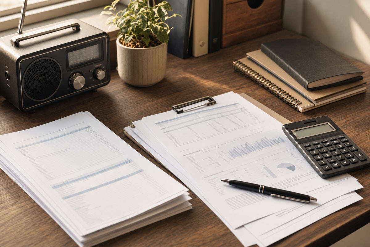 An organized desk with royalty statement paperwork, a calculator, a pen, and a small radio receiver in warm natural light