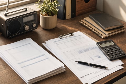 An organized desk with royalty statement paperwork, a calculator, a pen, and a small radio receiver in warm natural light
