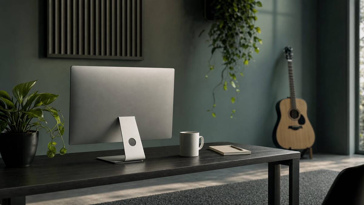 Minimal charcoal and green artist workspace with a blank monitor, mug, notebook, plants, and a small guitar resting against a wall.