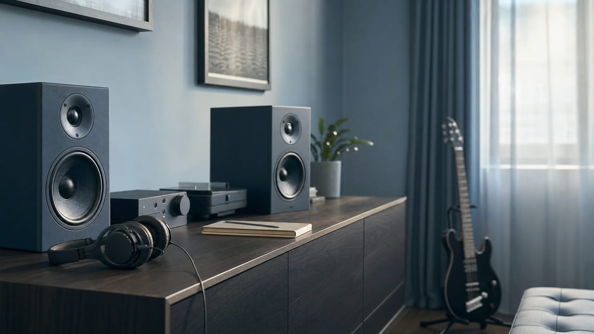 Cool blue listening room with headphones, a blank notebook, small speakers, and a guitar resting on a stand in the background with no readable text or logos.