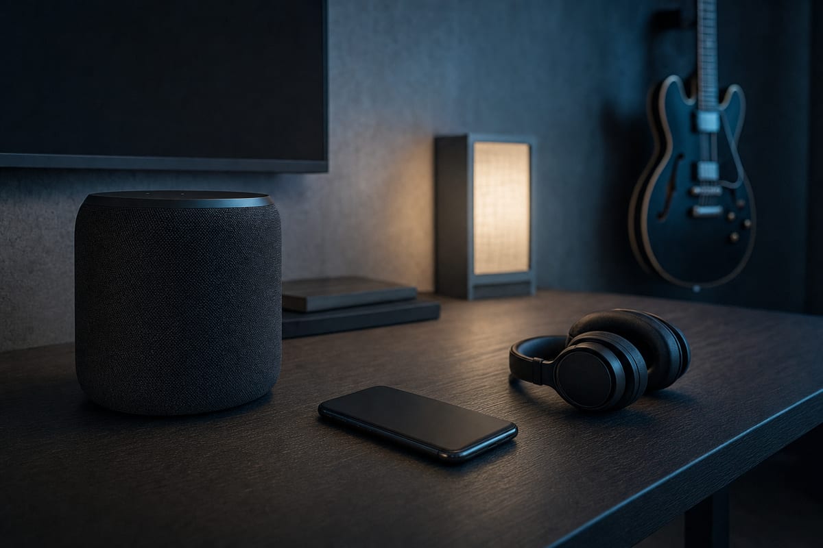 Cool blue-grey listening room with a blank smartphone turned face down, headphones, a compact speaker, and a guitar resting on a wall hanger in the background, with no readable text or logos.