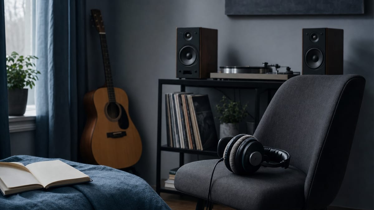 Cool blue listening corner with headphones, a notebook, small speakers, and a guitar resting against a studio wall.