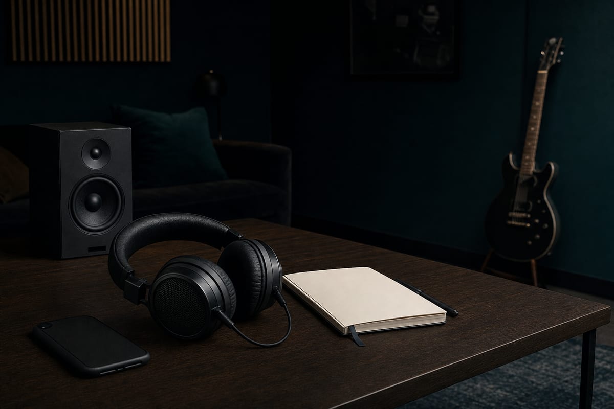 A dark listening room with studio headphones, an unbranded speaker, blank notebook, and a guitar leaning against the wall, no readable text or logos.