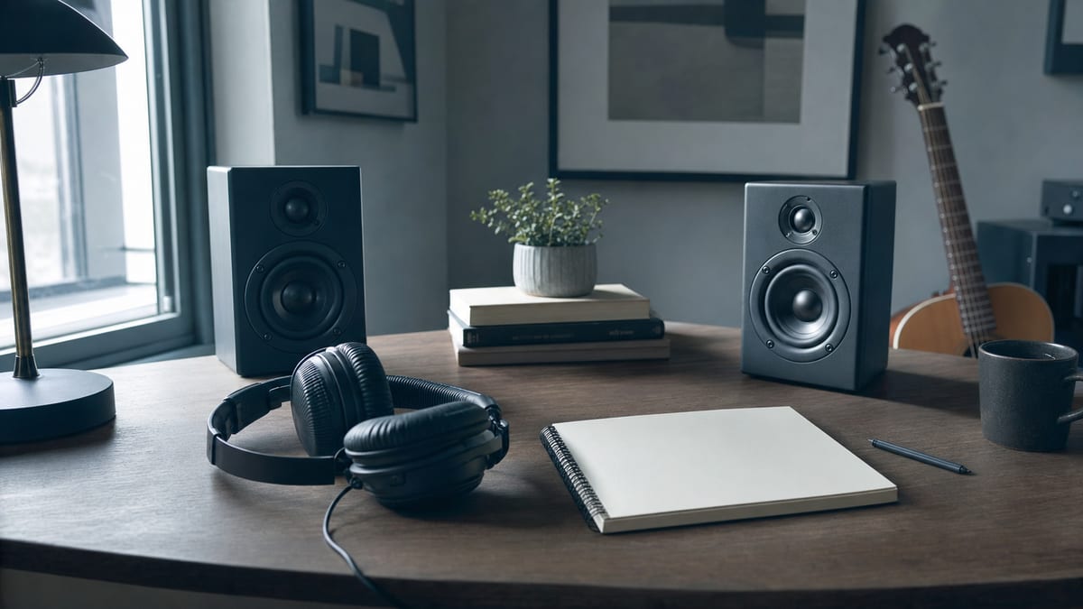 Cool blue-grey listening workspace with speakers, headphones, blank notebook, plant, and a guitar resting in the background with no readable text or logos.