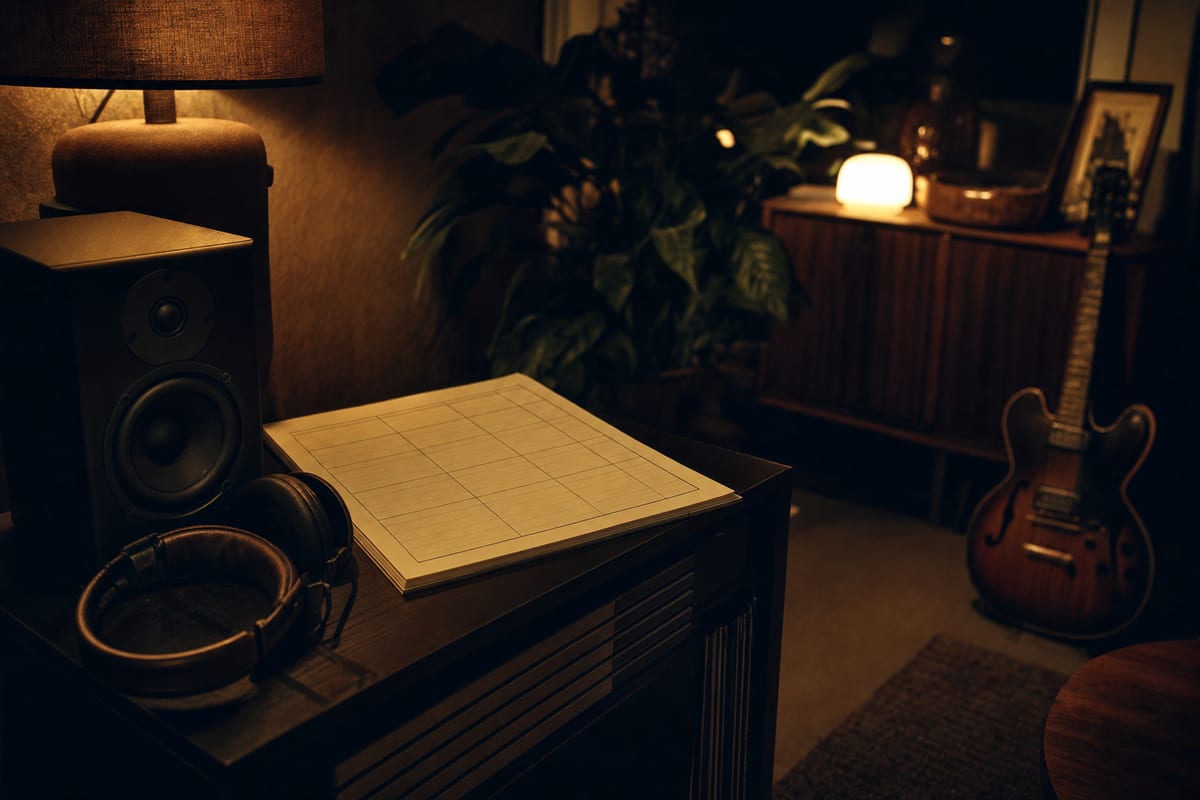 Dark amber listening room with a blank release plan, headphones, a small speaker, and a guitar resting against a wood cabinet.