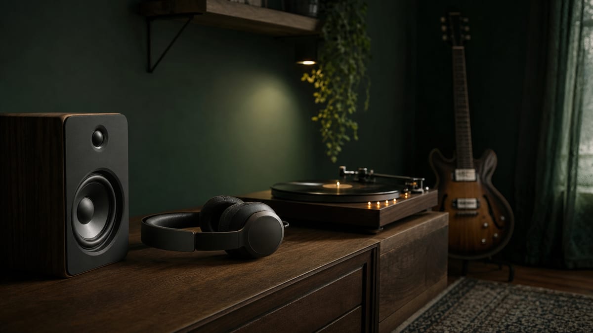 Dark forest-green listening room with unbranded headphones, speaker, turntable, and a guitar resting safely against a wall, with no readable text or logos.