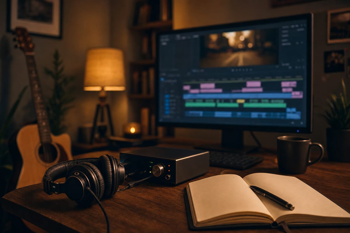 A home studio corner with a monitor showing a blurred film timeline, headphones on the desk, and warm evening light, an acoustic guitar resting against the wall