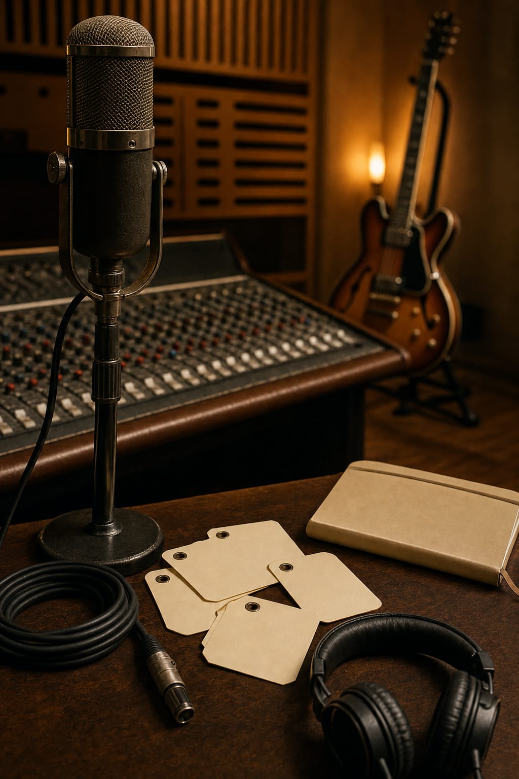 Warm amber recording room with a vintage microphone, blank take cards, closed notebook, coiled cable, headphones, mixing console, and a guitar resting on a stand, no readable text.