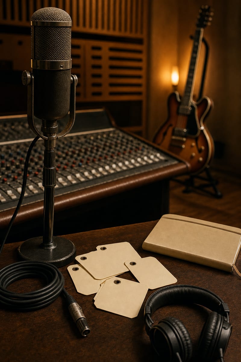 Warm amber recording room with a vintage microphone, blank take cards, closed notebook, coiled cable, headphones, mixing console, and a guitar resting on a stand, no readable text.