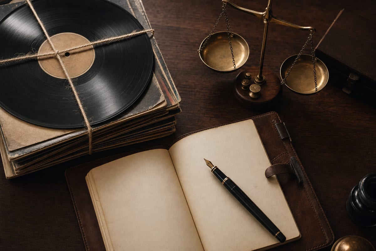 Top-down editorial still life on a dark walnut desk showing a stack of vinyl records tied with twine beside an open ledger and fountain pen, with a small brass balance scale in warm directional light