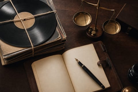 Top-down editorial still life on a dark walnut desk showing a stack of vinyl records tied with twine beside an open ledger and fountain pen, with a small brass balance scale in warm directional light