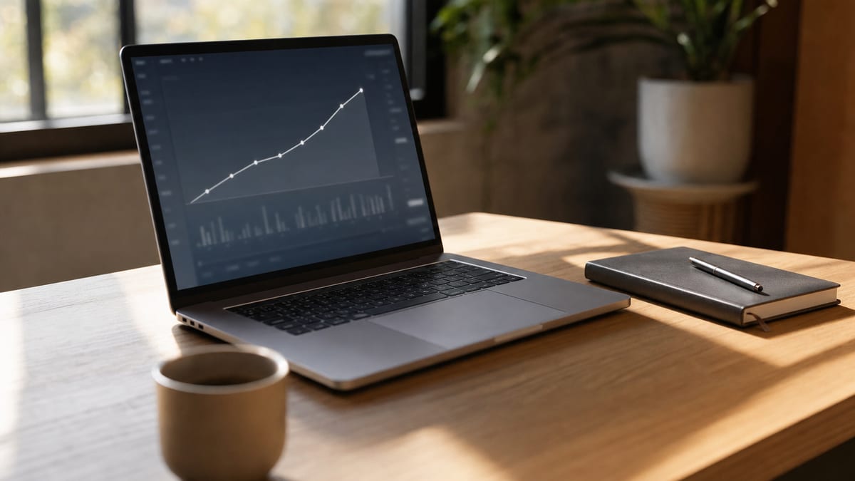 An open laptop showing a line chart on a wooden desk in warm natural light, with a notebook and pen beside it