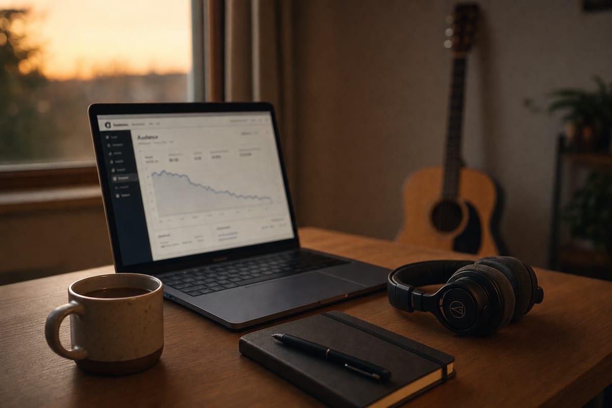 An independent musician sitting at a desk in a softly lit home studio, looking at a Spotify for Artists analytics screen showing a declining listener curve