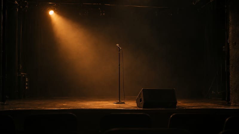 A microphone stand and compact speaker sit on an empty stage under an amber spotlight.
