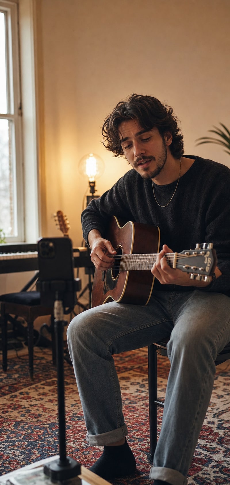 A musician films a short vertical video for social media in a home studio setting